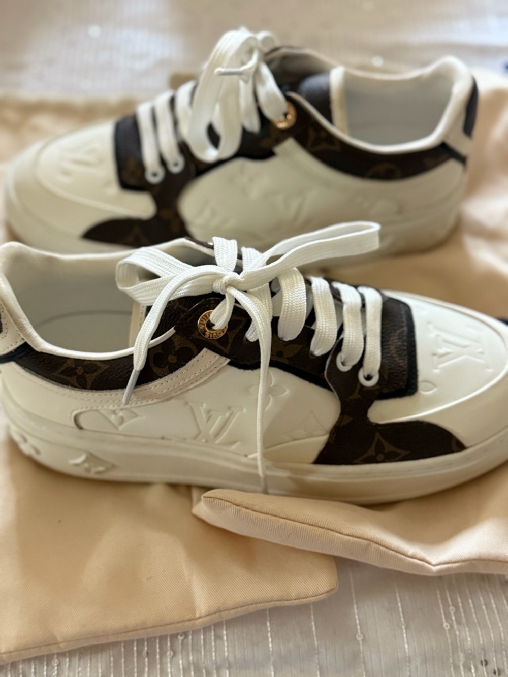 Louis Vuitton Calfskin Embossed Monogram Time Out Sneakers 37 White